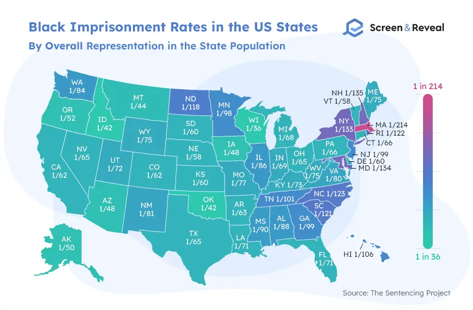 Уровень тюремного заключения чернокожих в штатах США по общему представительству населения штата